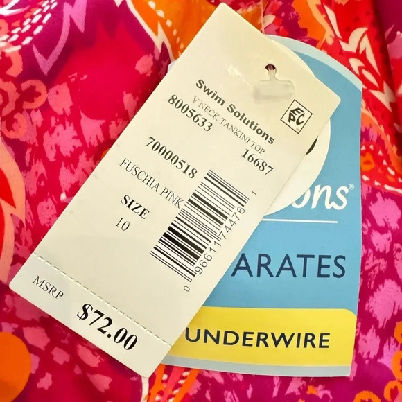 Swim Solutions Underwire V Neck Paisley Tankini Swim Top Pink Size 10 NWT - Picture 9 of 11